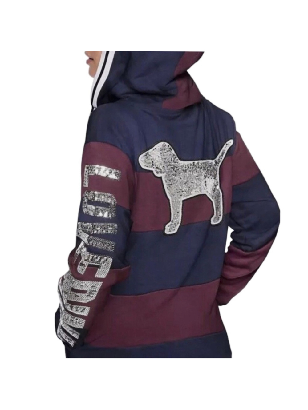 Victoria's Secret PINK Rugby Medium Navy Burgundy Stripes BLING Sequin Hoodie M